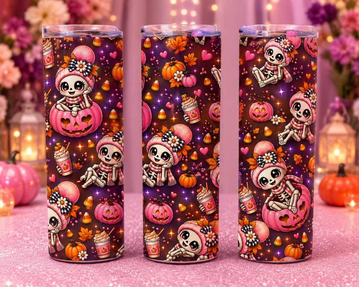Cute Pink Skeleton Halloween Tumbler – Pumpkin Spice Fall Cup