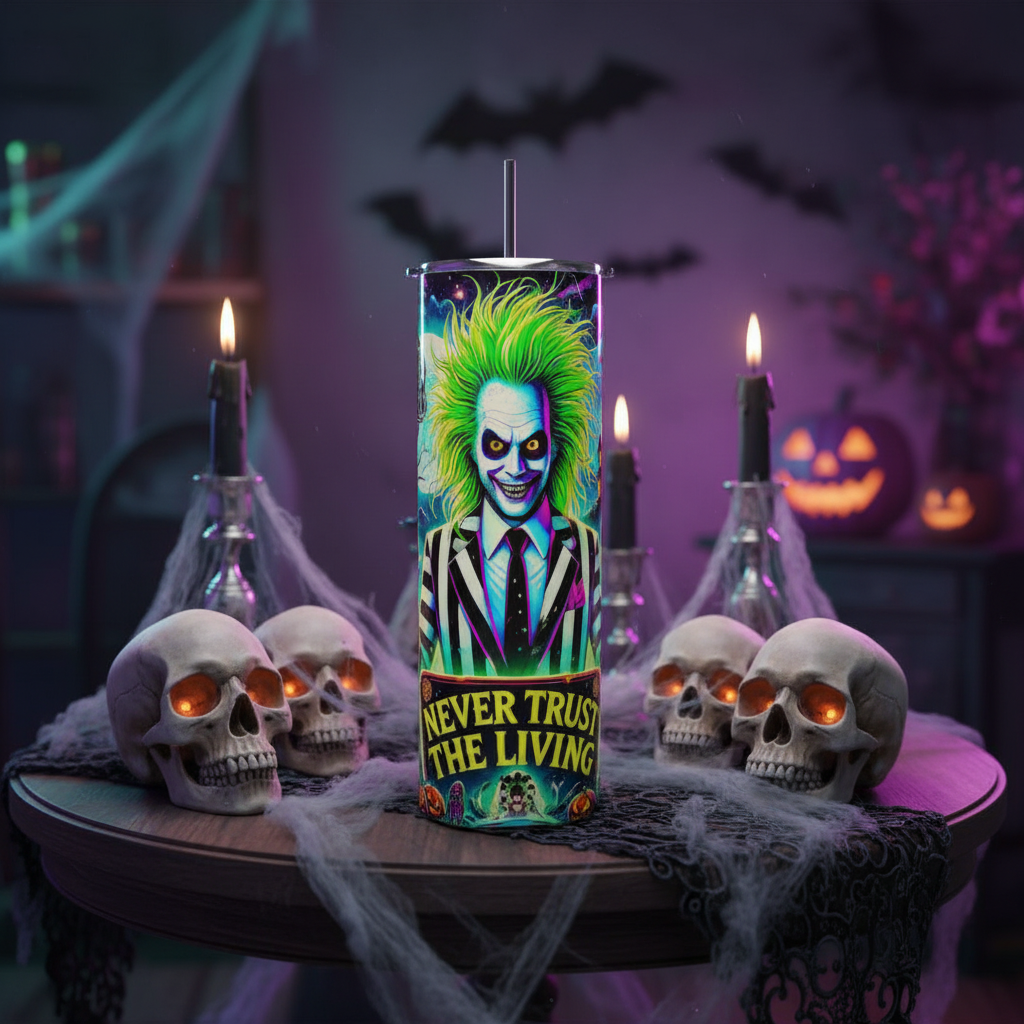 BeetleJuice tumbler on gothic Halloween table with candles and skulls