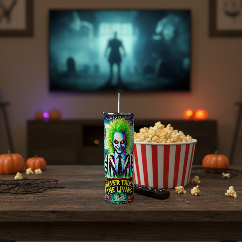 BeetleJuice tumbler on movie night setup with popcorn and spooky TV